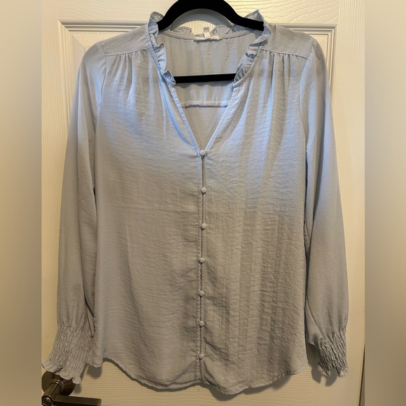 Light Blue Button Down Ruffle Neck Blouse - Picture 3 of 7